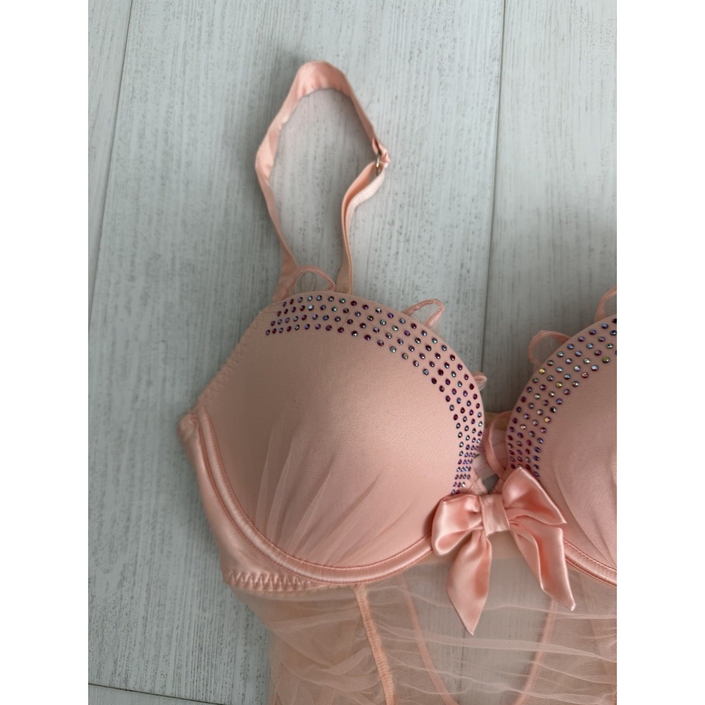 Victoria's Secret Sexy Babydoll Lingerie Sz 34D Peach Color Tulle Rhinestone Bow - Picture 2 of 7